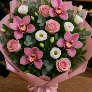 Buchet cu orhidee roz si lisianthus alb - poza 3