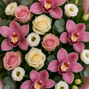 Buchet cu orhidee roz si lisianthus alb - poza 4