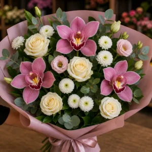 Buchet cu orhidee roz si santini alb - poza 2