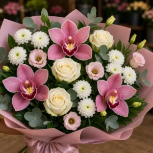 Buchet cu orhidee roz si santini alb - poza 3