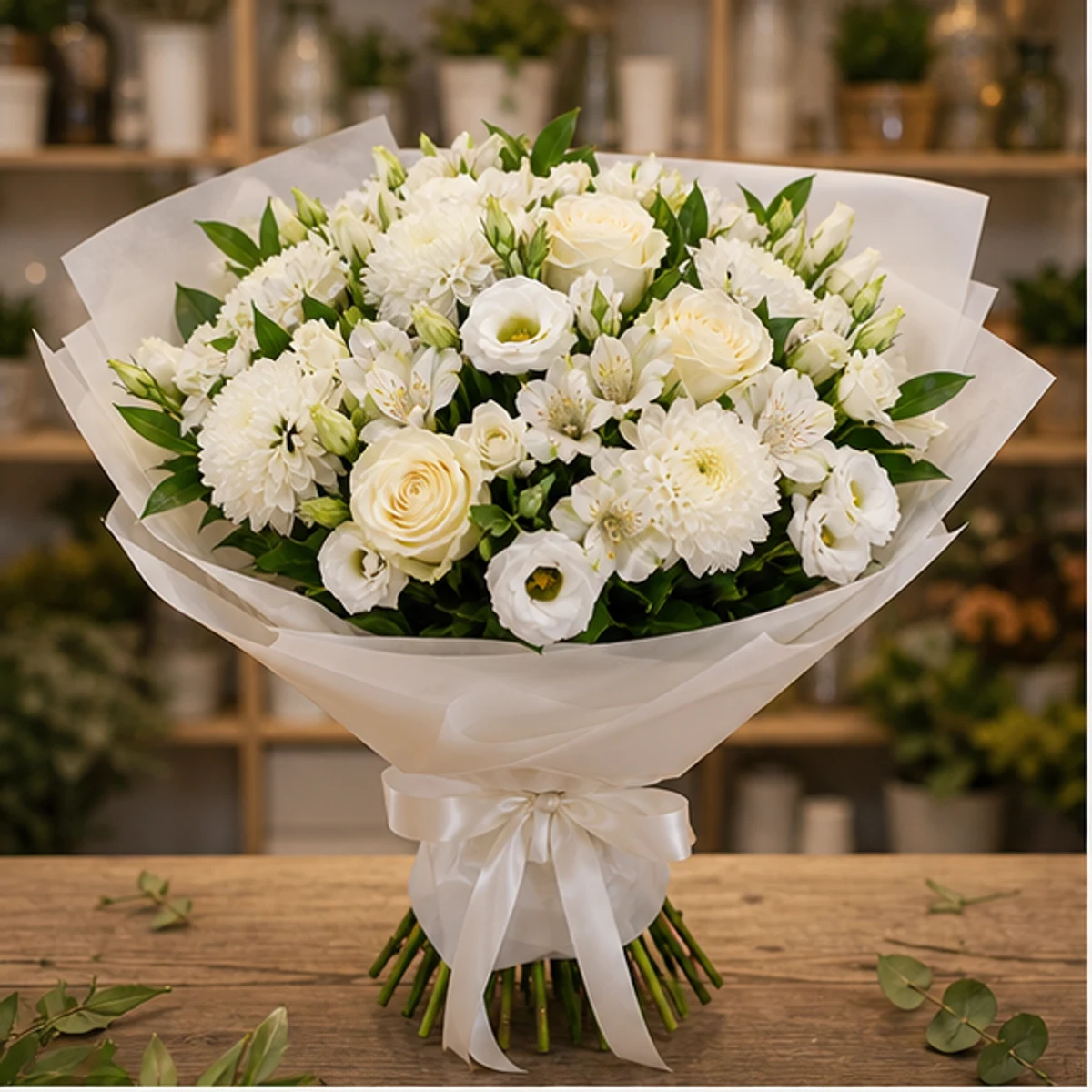 Buchet cununie alb elegant cu lisianthus si alstroemeria - poza 1