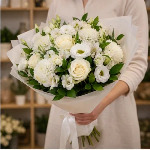 Buchet cununie alb elegant cu lisianthus si alstroemeria - poza 2