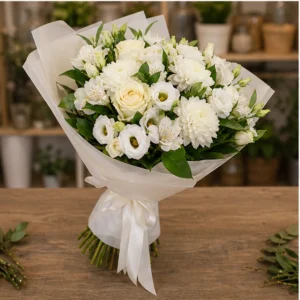 Buchet cununie alb elegant cu lisianthus si alstroemeria - poza 3