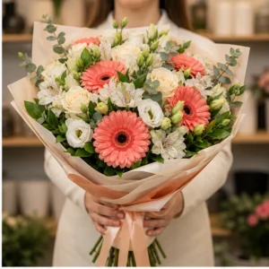 Buchet cununie alb si somon cu gerbera si alstroemeria - poza 2
