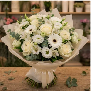 Buchet cununie ivory cu trandafiri si gerbera alba - poza 3
