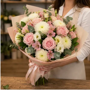Buchet cununie pastel cu trandafiri si crizanteme - poza 2
