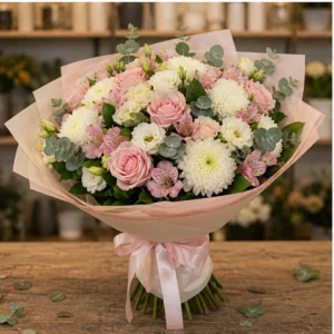 Buchet cununie pastel cu trandafiri si crizanteme - poza 3