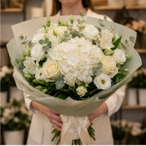 Buchet cununie premium alb cu hortensie si lisianthus - poza 2