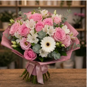 Buchet cununie roz elegant cu trandafiri si eucalipt - poza 3