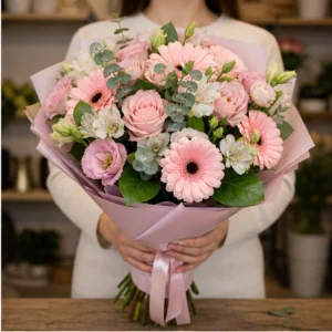 Buchet cununie roz pudrat cu gerbera si lisianthus - poza 2