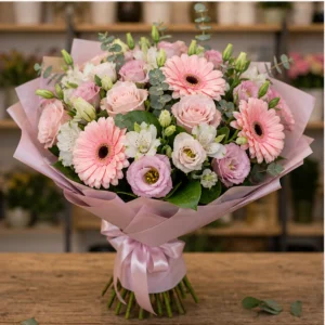 Buchet cununie roz pudrat cu gerbera si lisianthus - poza 3