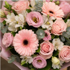 Buchet cununie roz pudrat cu gerbera si lisianthus - poza 4