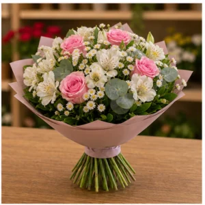 Buchet de flori Bucuresti alb roz cu trandafiri si alstroemeria - poza 2
