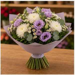 Buchet de flori Bucuresti mov lila cu lisianthus si crizanteme - poza 2