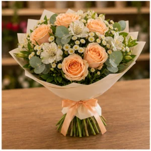 Buchet de flori Bucuresti piersica cu trandafiri si santini - poza 3