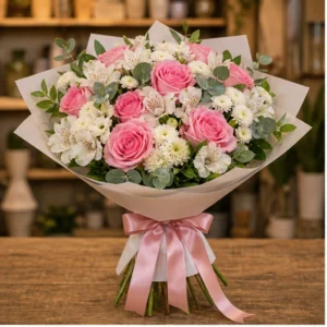 Buchet de flori de primavara alb roz cu trandafiri si alstroemeria - poza 1