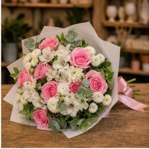 Buchet de flori de primavara alb roz cu trandafiri si alstroemeria - poza 2