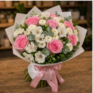 Buchet de flori de primavara alb roz cu trandafiri si alstroemeria - poza 3