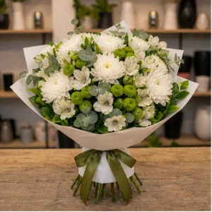 Buchet de flori de primavara alb verde cu crizanteme - poza 1