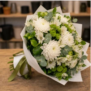 Buchet de flori de primavara alb verde cu crizanteme - poza 3