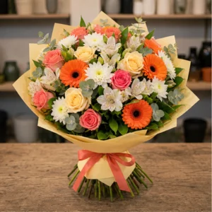 Buchet de flori de primavara colorat cu trandafiri si gerbera - poza 1