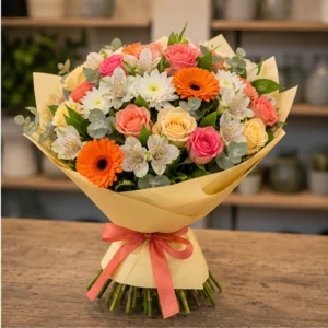 Buchet de flori de primavara colorat cu trandafiri si gerbera - poza 2