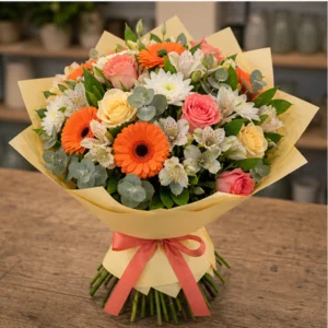 Buchet de flori de primavara colorat cu trandafiri si gerbera - poza 3
