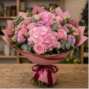 Buchet de flori de primavara de lux roz cu hortensie si trandafiri - poza 1