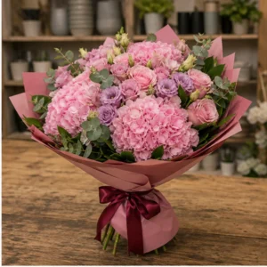 Buchet de flori de primavara de lux roz cu hortensie si trandafiri - poza 2