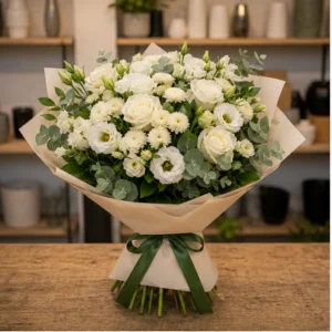 Buchet de flori de primavara elegant cu trandafiri albi si lisianthus - poza 1