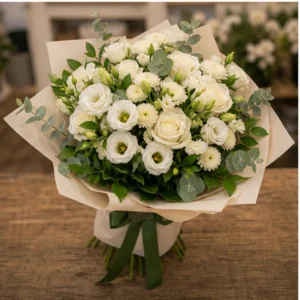 Buchet de flori de primavara elegant cu trandafiri albi si lisianthus - poza 3
