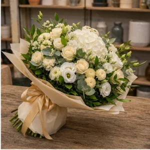 Buchet de flori de primavara grandios alb crem cu hortensie - poza 2