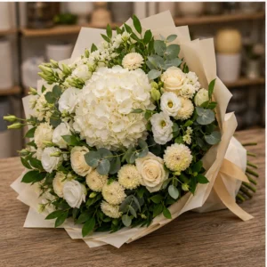 Buchet de flori de primavara grandios alb crem cu hortensie - poza 3