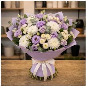 Buchet de flori de primavara lila cu lisianthus si crizanteme - poza 1