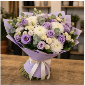 Buchet de flori de primavara lila cu lisianthus si crizanteme - poza 2