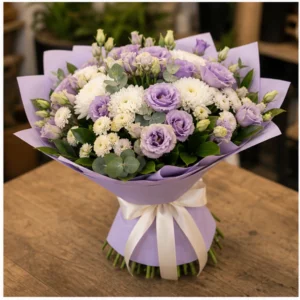 Buchet de flori de primavara lila cu lisianthus si crizanteme - poza 3