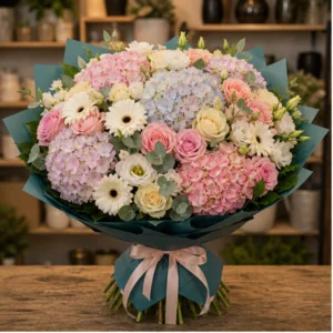 Buchet de flori de primavara lux multicolor cu hortensie si trandafiri - poza 1
