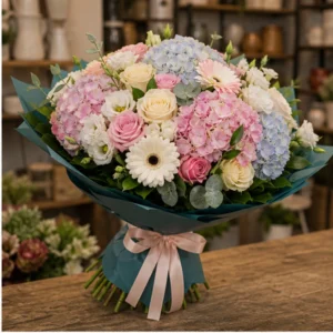 Buchet de flori de primavara lux multicolor cu hortensie si trandafiri - poza 2