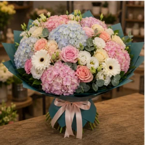 Buchet de flori de primavara lux multicolor cu hortensie si trandafiri - poza 3