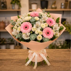 Buchet de flori de primavara pastel cu gerbera si alstroemeria - poza 1