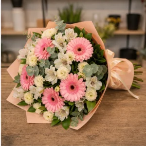 Buchet de flori de primavara pastel cu gerbera si alstroemeria - poza 2