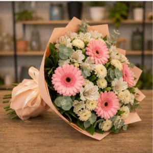Buchet de flori de primavara pastel cu gerbera si alstroemeria - poza 3