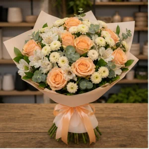 Buchet de flori de primavara piersica cu trandafiri si santini - poza 1