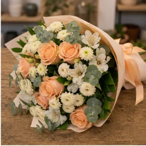 Buchet de flori de primavara piersica cu trandafiri si santini - poza 2