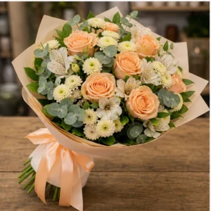 Buchet de flori de primavara piersica cu trandafiri si santini - poza 3