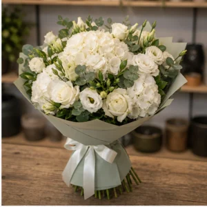Buchet de flori de primavara premium alb cu hortensie si lisianthus - poza 2
