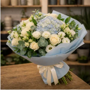 Buchet de flori de primavara premium pastel cu hortensie si trandafiri - poza 2