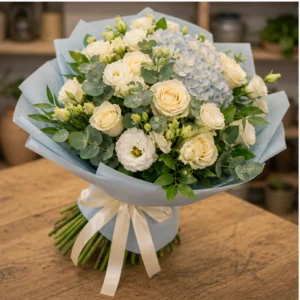 Buchet de flori de primavara premium pastel cu hortensie si trandafiri - poza 3
