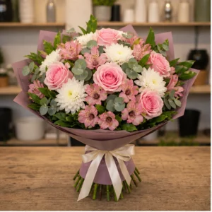 Buchet de flori de primavara romantic cu trandafiri roz si crizanteme - poza 1