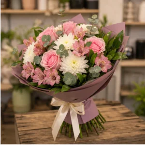 Buchet de flori de primavara romantic cu trandafiri roz si crizanteme - poza 2